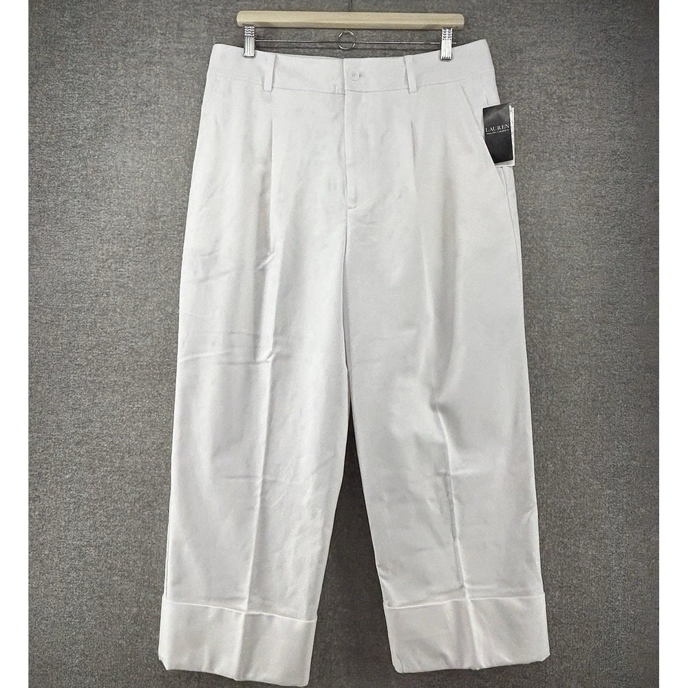 Lauren Ralph Lauren Wide Leg Cropped Pants Women Size 14 White Cuff NEW $145
